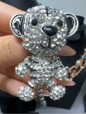 Crystal Teddy Bear Pendant& Brooch Combo Silver full of Sparkle VINTAGE Y2K NW